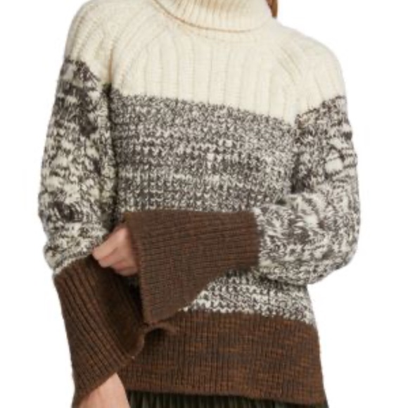 PHILLIP LIM Chunky Striped Turtleneck Wool Sweater Grey Beige in Size L - Picture 7 of 12